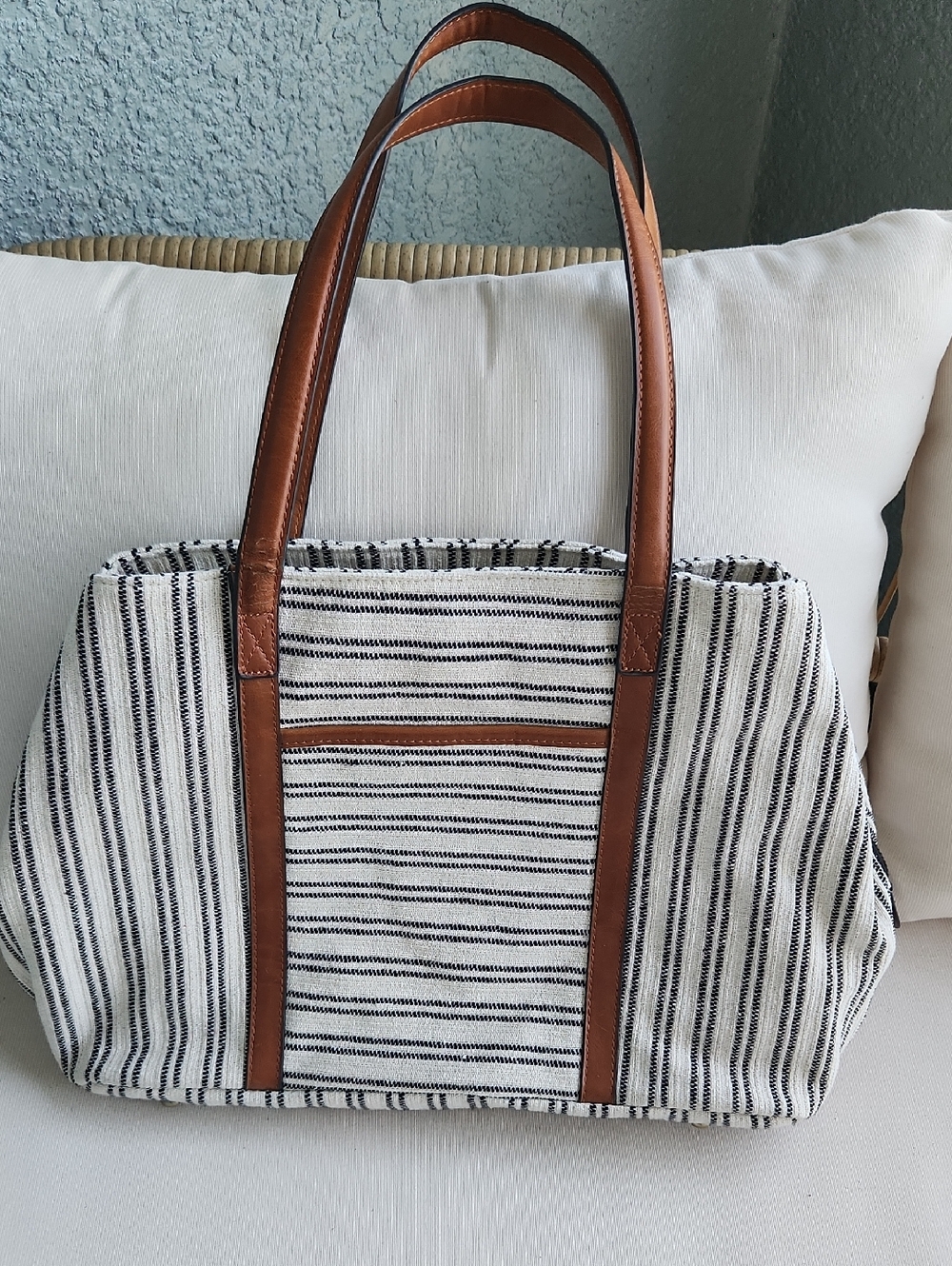 Street Level Navy & Cream Striped Tote with Brown Handles